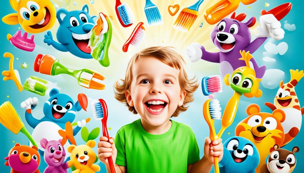 Crianças felizes escovando os dentes com escovas temáticas